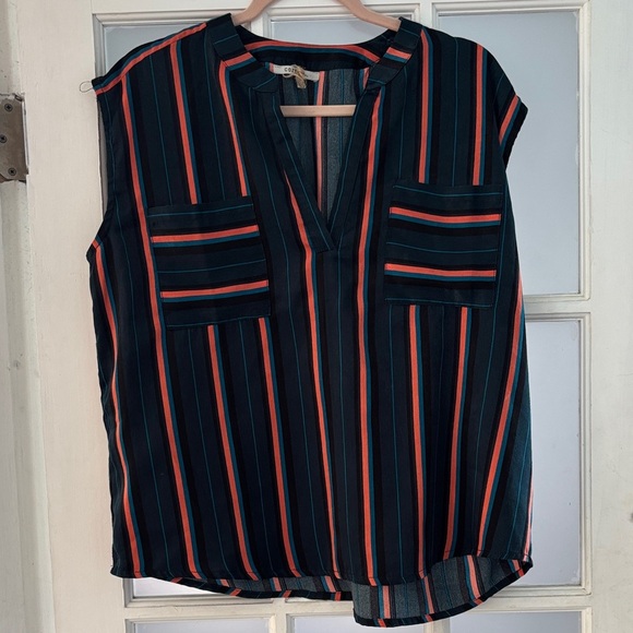 🎈4 LISTINGS FOR $20 Cozy Casual orange black teal striped blouse with pockets L - Picture 1 of 6